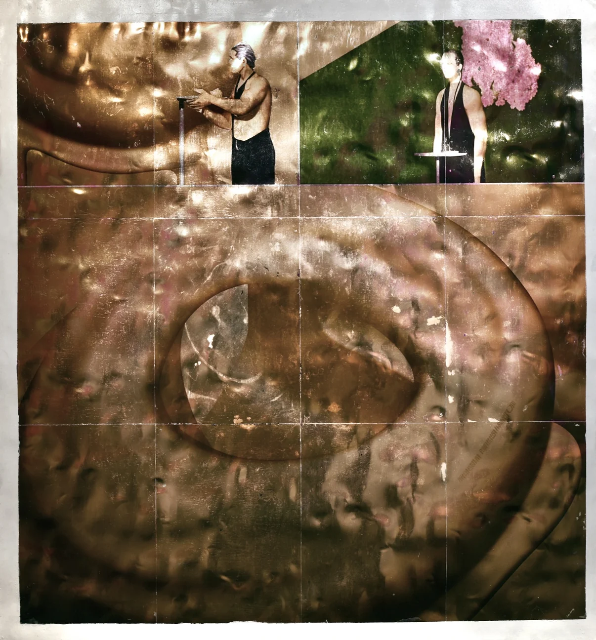 Transfer-printed image on rippled steel panel, gold and green, two figures at the top edge