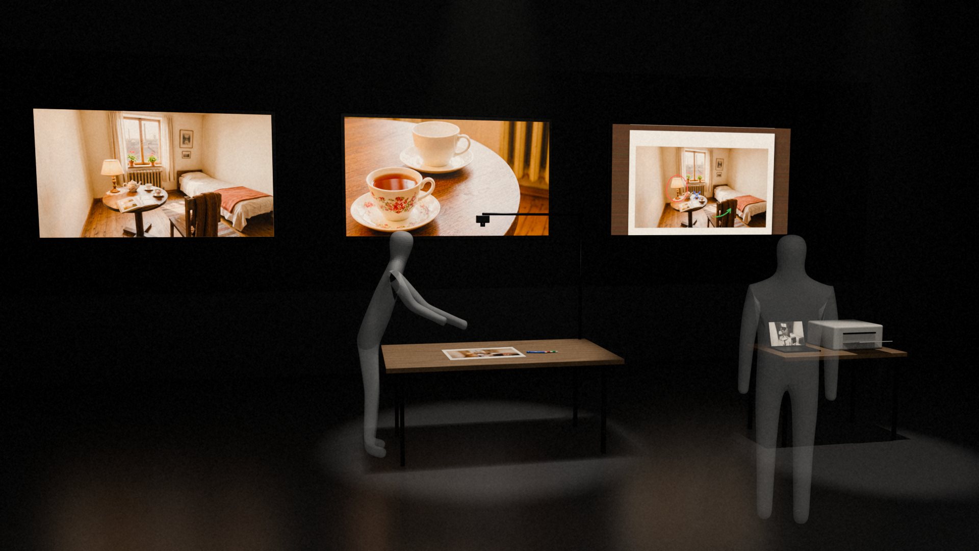 Digital mock-up of a dark hall: three screens in a row above a worktable