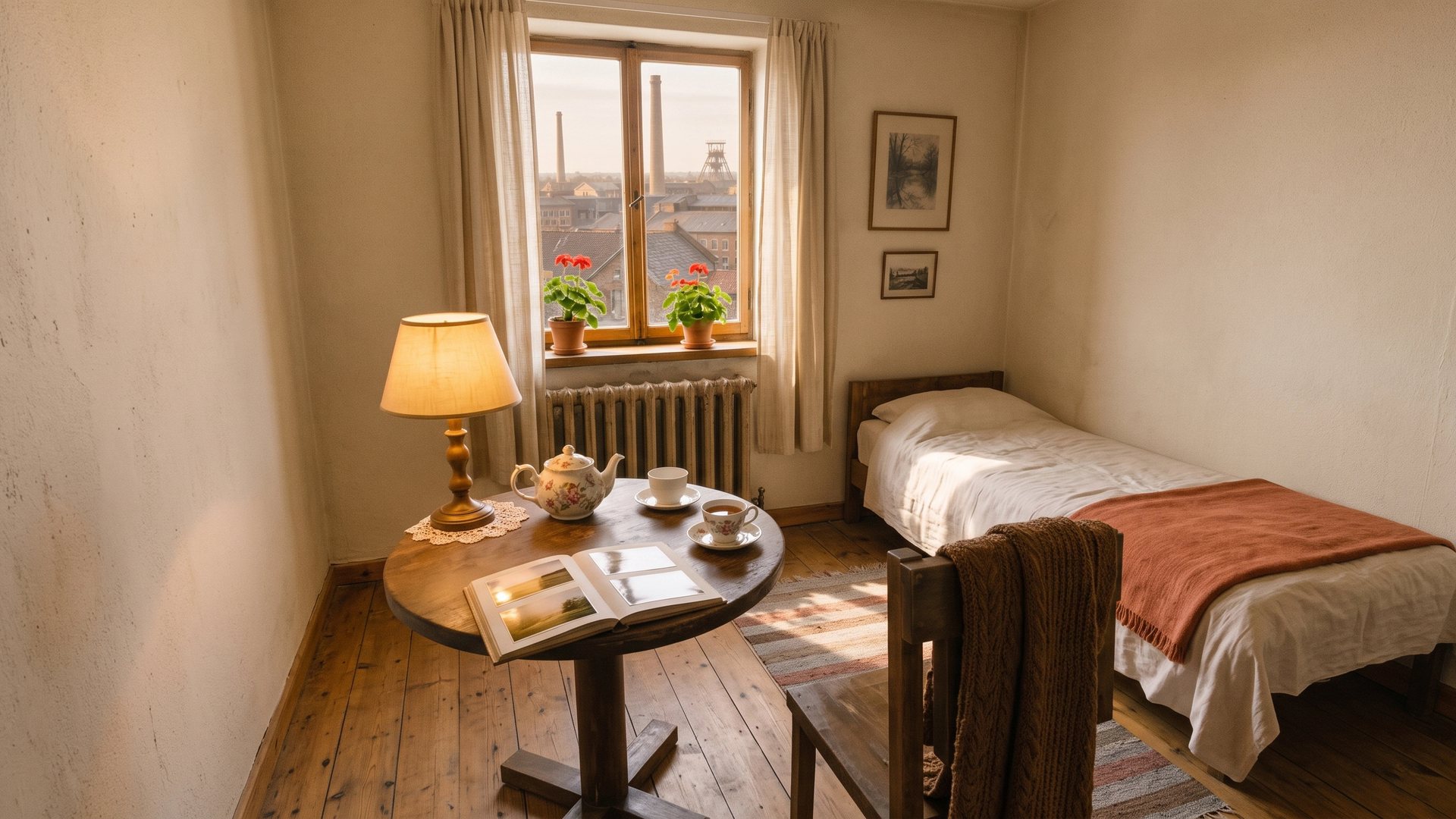 A small bedroom seen from the doorway: a round table with a lamp, teapot, two cups and an open album, a chair with a knitted blanket, a bed, a window onto rooftops and a pithead.