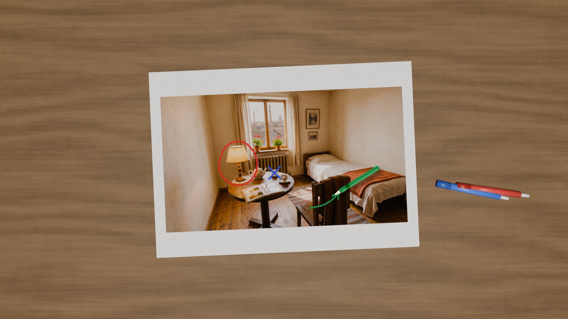 Top view of a print of the bedroom on a wooden table: a red ring around the lamp, a blue cross on a cup, a green arrow from the chair; a green pen in use, a red and a blue pen beside the print.