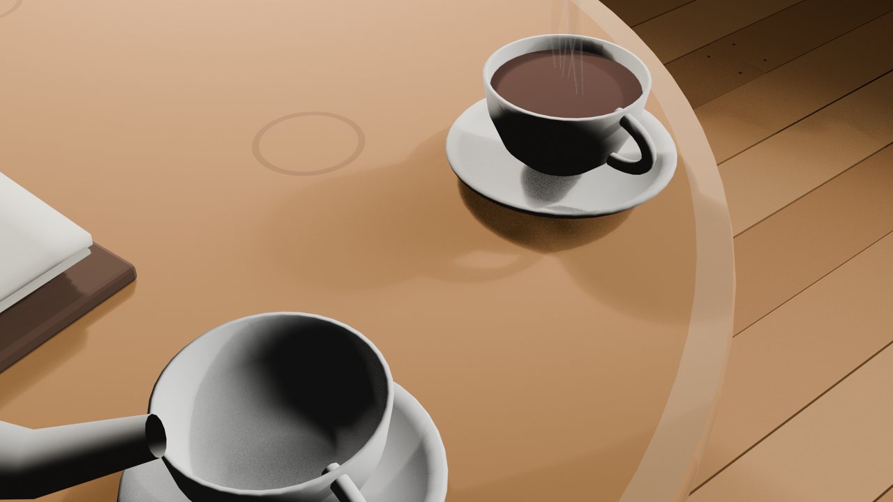 Plain grey-and-tan 3D render of the round table: two cups, a teapot spout, an open book.