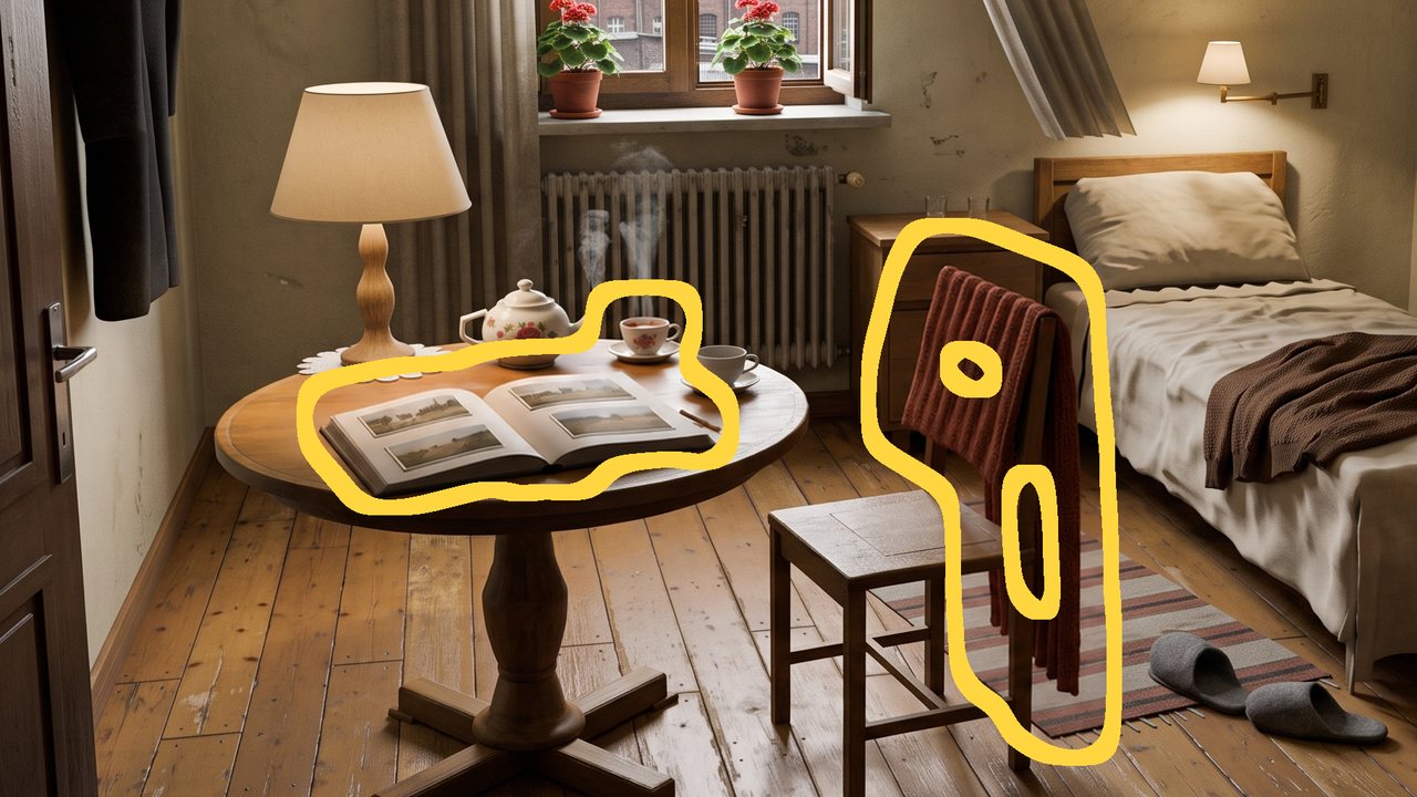 The same view after a change, with the album page and the blanket on the chair outlined in yellow.